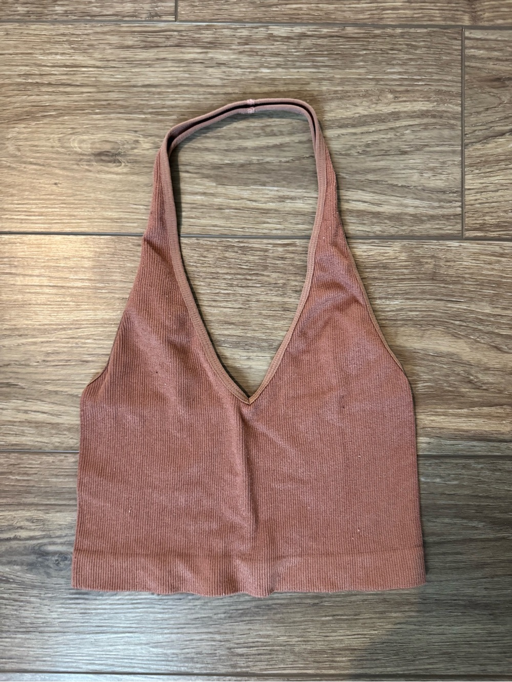 Ribbed V-Neck Halter Crop Top - Rust Pink